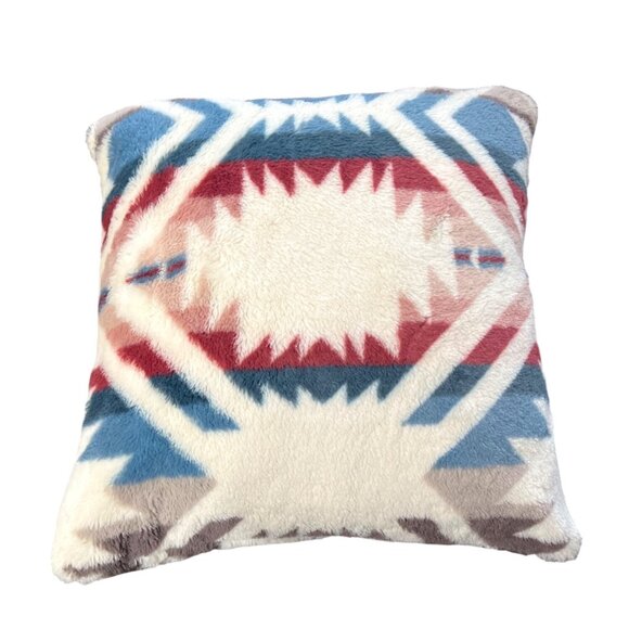 Pendleton Throw Pillow Tribal Aztec Faux Fur Square Blue White Red Gray - Picture 3 of 5